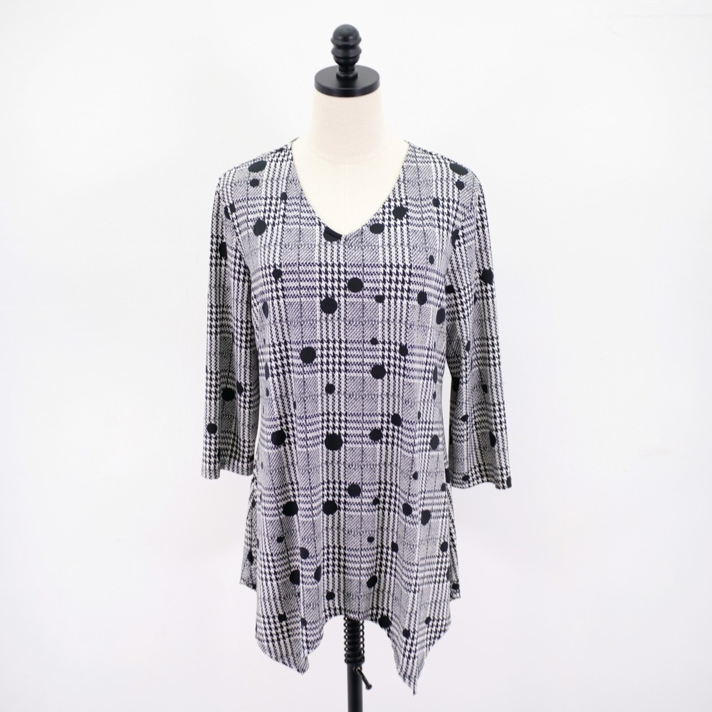 Cocomo White Black Plaid Polka Dot V-Neck Asymetric Top Blouse Shirt Dress Large